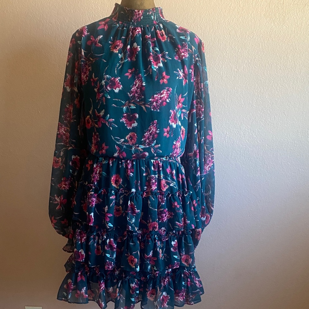 MSK Teal and Pink Floral Ruffle Dress
